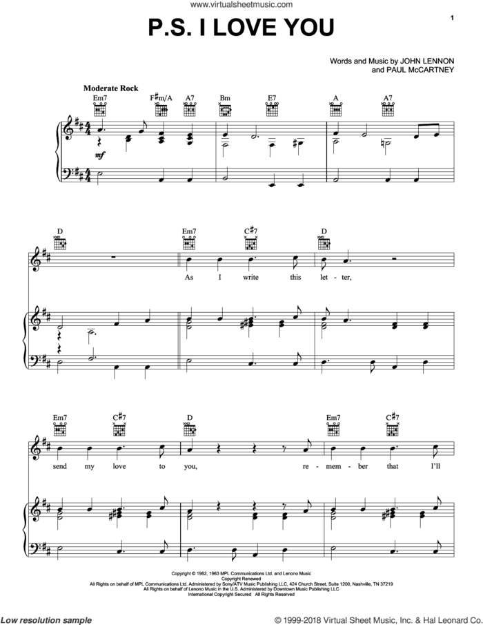 P.S. I Love You sheet music for voice, piano or guitar by The Beatles, John Lennon and Paul McCartney, intermediate skill level