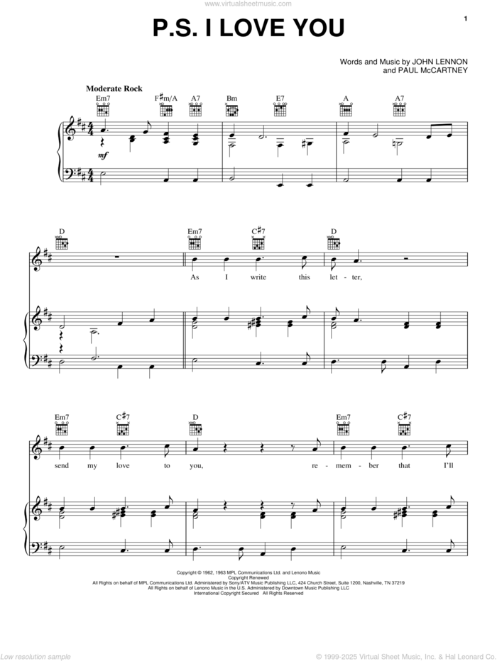 P.S. I Love You sheet music for voice, piano or guitar by The Beatles, John Lennon and Paul McCartney, intermediate skill level