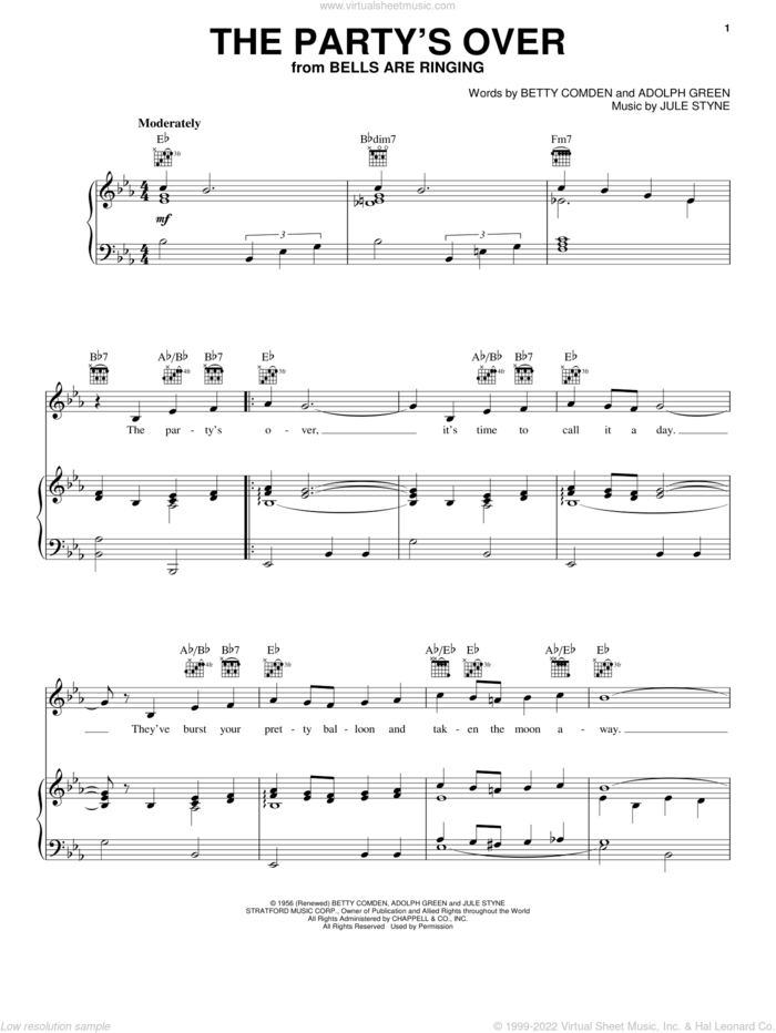 The Party's Over sheet music for voice, piano or guitar by Judy Holliday, Nat King Cole, Shirley Bassey, Adolph Green, Betty Comden and Jule Styne, intermediate skill level