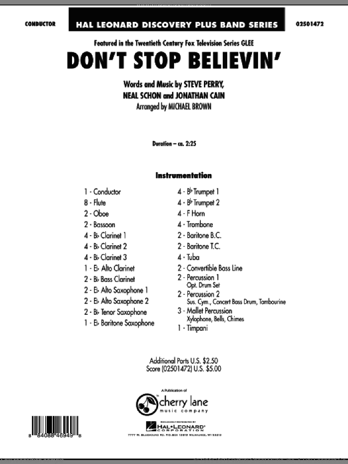 Don't Stop Believin' (COMPLETE) sheet music for concert band by Steve Perry, Jonathan Cain, Neal Schon, Journey and Michael Brown, intermediate skill level