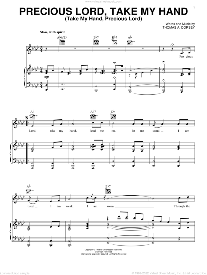 Precious Lord, Take My Hand (Take My Hand, Precious Lord) sheet music for voice, piano or guitar by Elvis Presley, Beyonce and Tommy Dorsey, intermediate skill level