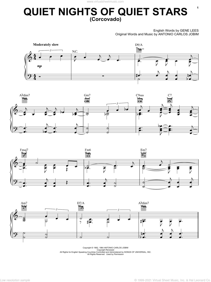 Quiet Nights Of Quiet Stars (Corcovado) sheet music for voice, piano or guitar by Antonio Carlos Jobim and Eugene John Lees, intermediate skill level