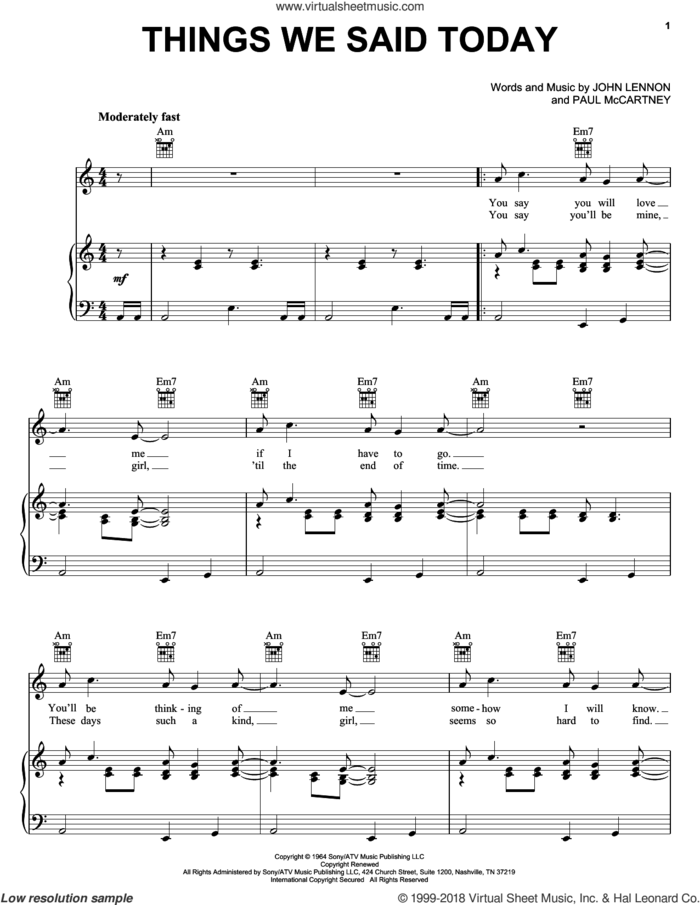 Things We Said Today sheet music for voice, piano or guitar by The Beatles, John Lennon and Paul McCartney, intermediate skill level