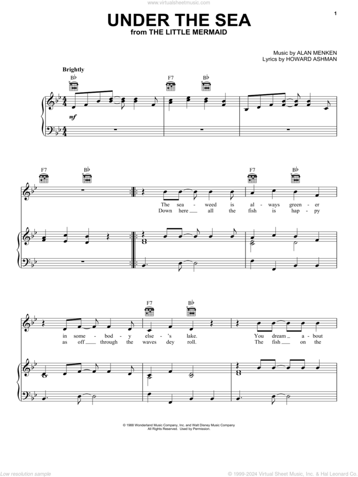 Menken Under The Sea From The Little Mermaid Sheet Music For Voice Piano Or Guitar