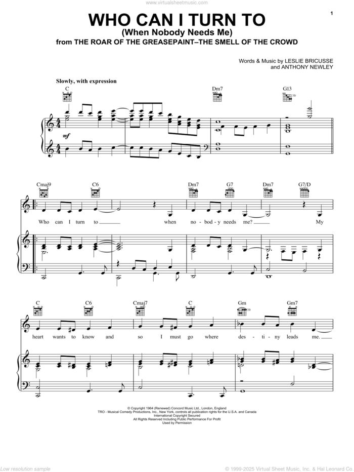 Who Can I Turn To (When Nobody Needs Me) sheet music for voice, piano or guitar by Tony Bennett, Anthony Newley and Leslie Bricusse, intermediate skill level