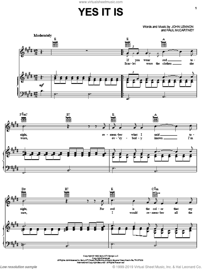 Yes It Is sheet music for voice, piano or guitar by The Beatles, John Lennon and Paul McCartney, intermediate skill level