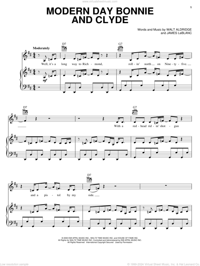 Modern Day Bonnie And Clyde sheet music for voice, piano or guitar by Travis Tritt, James LeBlanc and Walt Aldridge, intermediate skill level