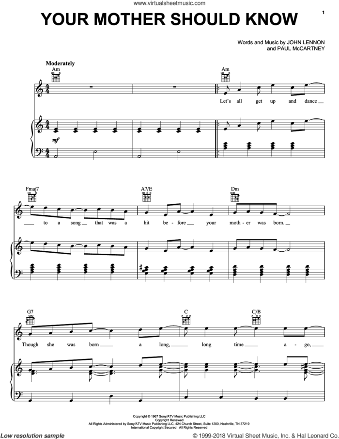 Your Mother Should Know sheet music for voice, piano or guitar by The Beatles, John Lennon and Paul McCartney, intermediate skill level