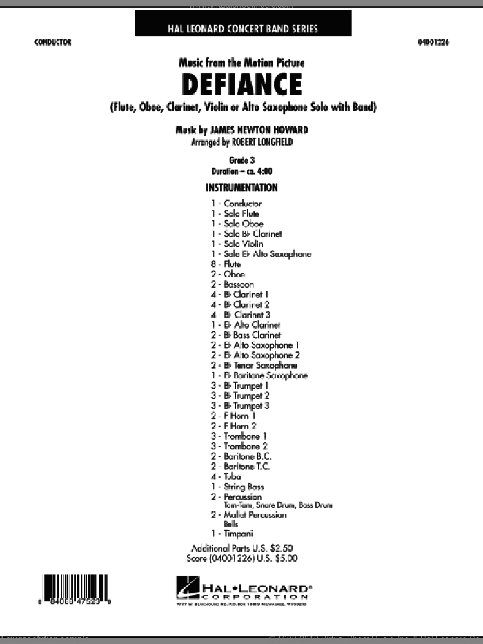 Music from Defiance (COMPLETE) sheet music for concert band by James Newton Howard and Robert Longfield, intermediate skill level