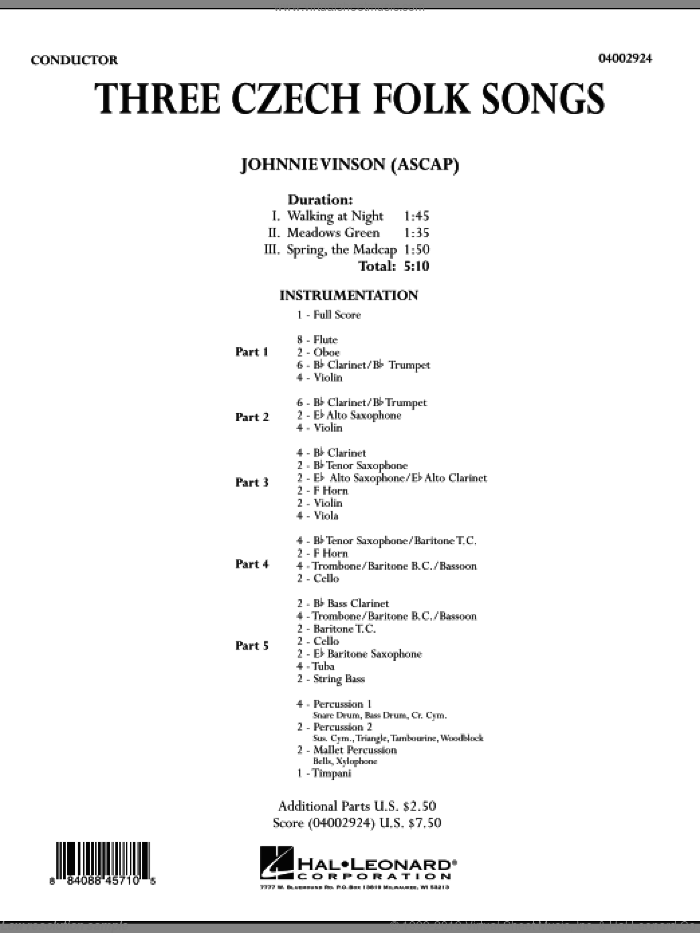 Three Czech Folk Songs (COMPLETE) sheet music for concert band by Johnnie Vinson, intermediate skill level