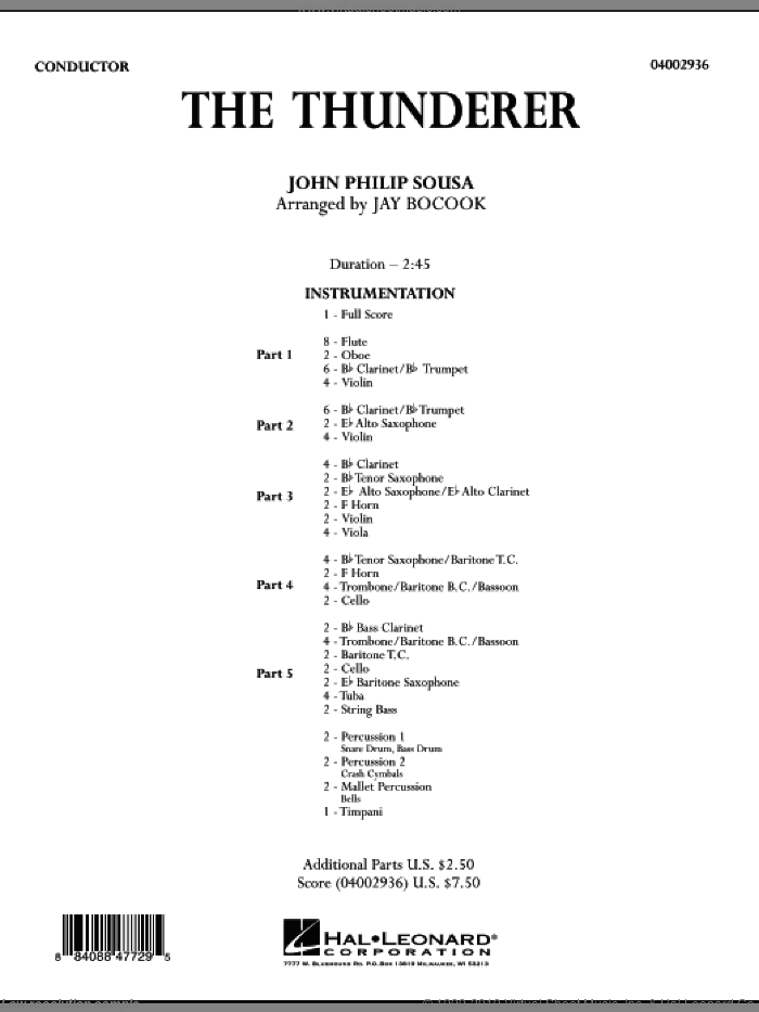 The Thunderer (COMPLETE) sheet music for concert band by John Philip Sousa and Jay Bocook, intermediate skill level