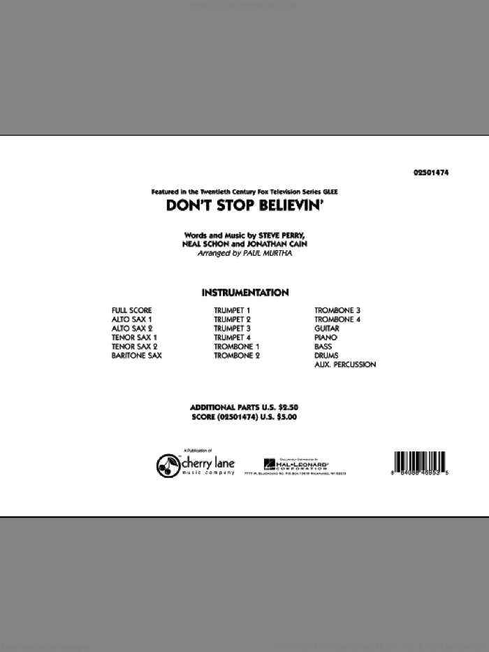 Don't Stop Believin' (COMPLETE) sheet music for jazz band by Paul Murtha, Jonathan Cain, Journey, Neal Schon and Steve Perry, intermediate skill level