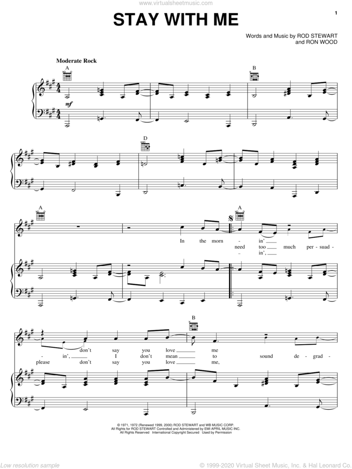 Stay With Me sheet music for voice, piano or guitar by Faces, Rod Stewart and Ron Wood, intermediate skill level