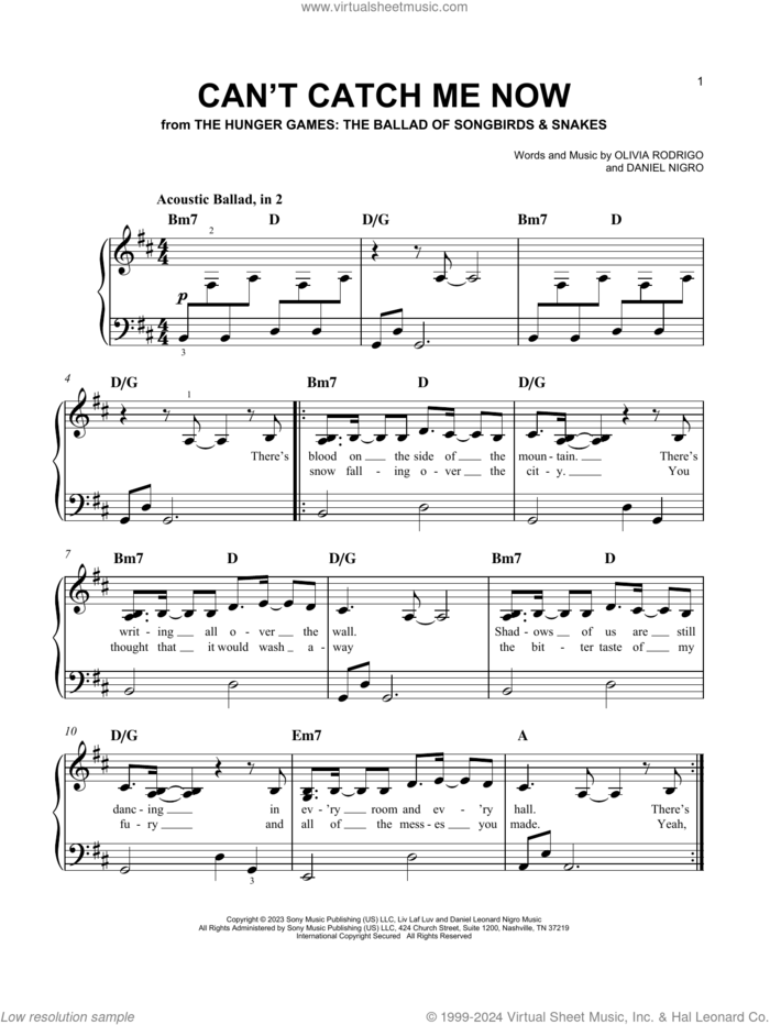 Can't Catch Me Now (from The Hunger Games: The Ballad of Songbirds and Snakes) sheet music for piano solo by Olivia Rodrigo and Daniel Nigro, easy skill level