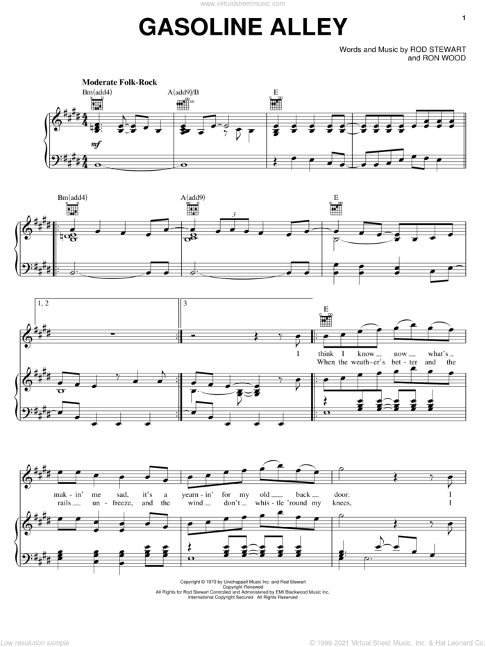 Gasoline Alley sheet music for voice, piano or guitar by Rod Stewart and Ron Wood, intermediate skill level