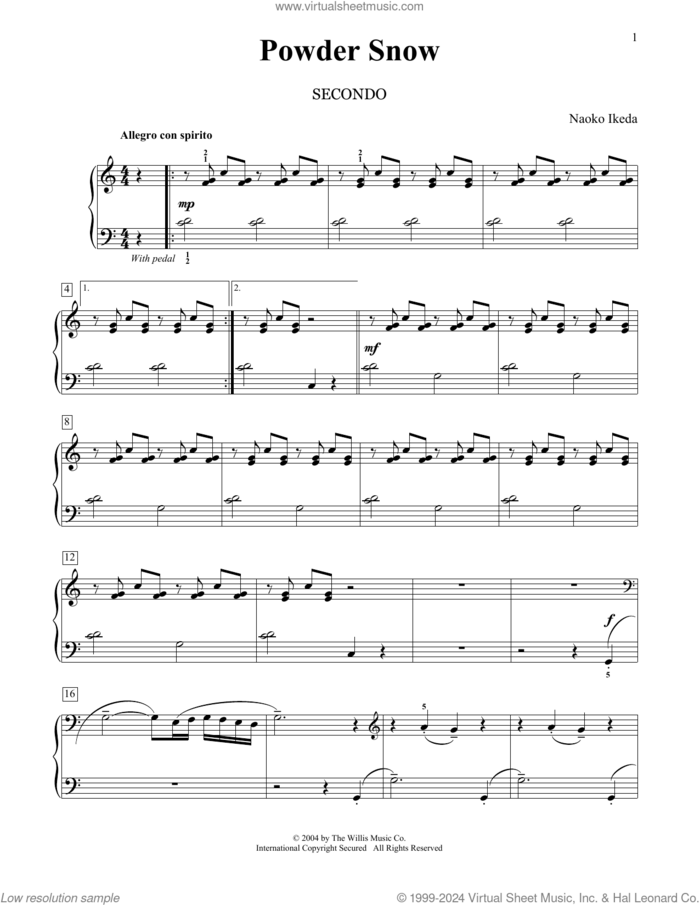 Powder Snow sheet music for piano four hands by Naoko Ikeda, intermediate skill level