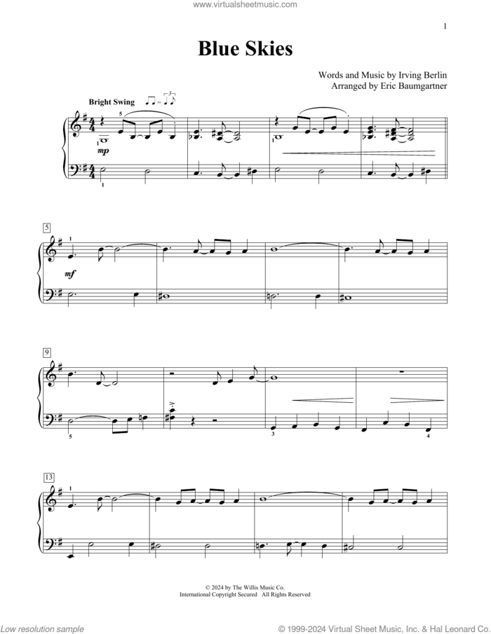 Blue Skies (arr. Eric Baumgartner) sheet music for piano solo (elementary) by Irving Berlin and Eric Baumgartner, beginner piano (elementary)
