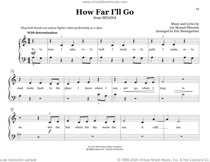 How Far I'll Go (from Moana) (arr. Eric Baumgartner) sheet music for piano four hands by Lin-Manuel Miranda, Eric Baumgartner and Alessia Cara, intermediate skill level