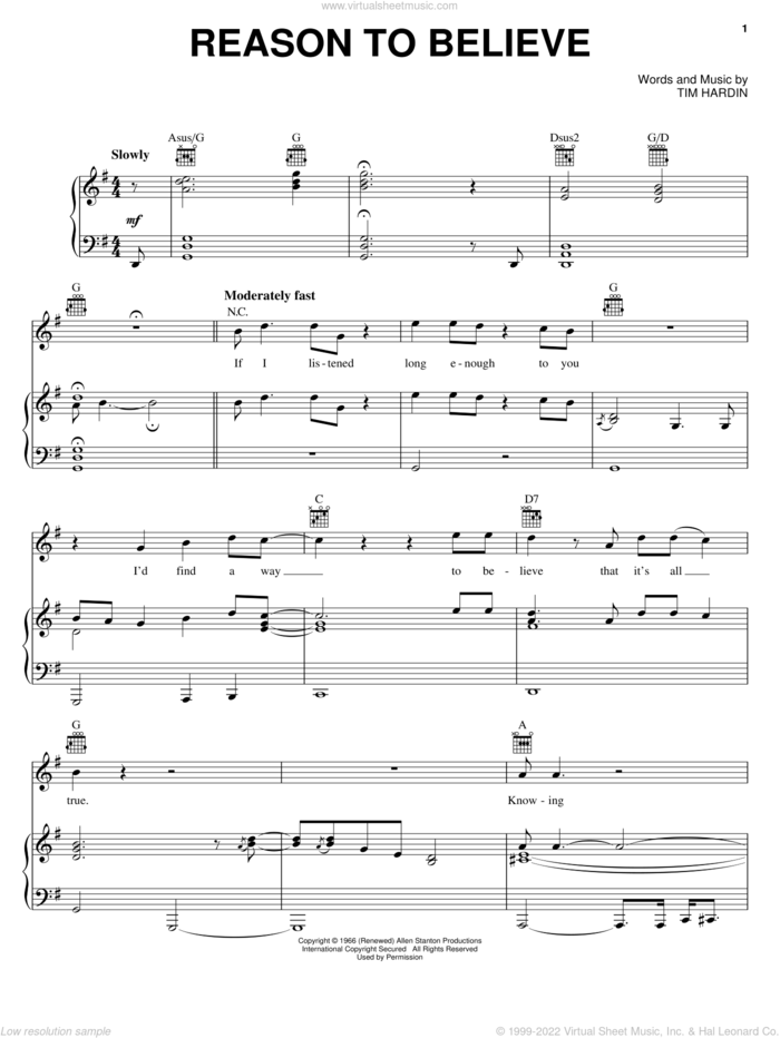 Reason To Believe sheet music for voice, piano or guitar by Rod Stewart, Glen Campbell and Tim Hardin, intermediate skill level