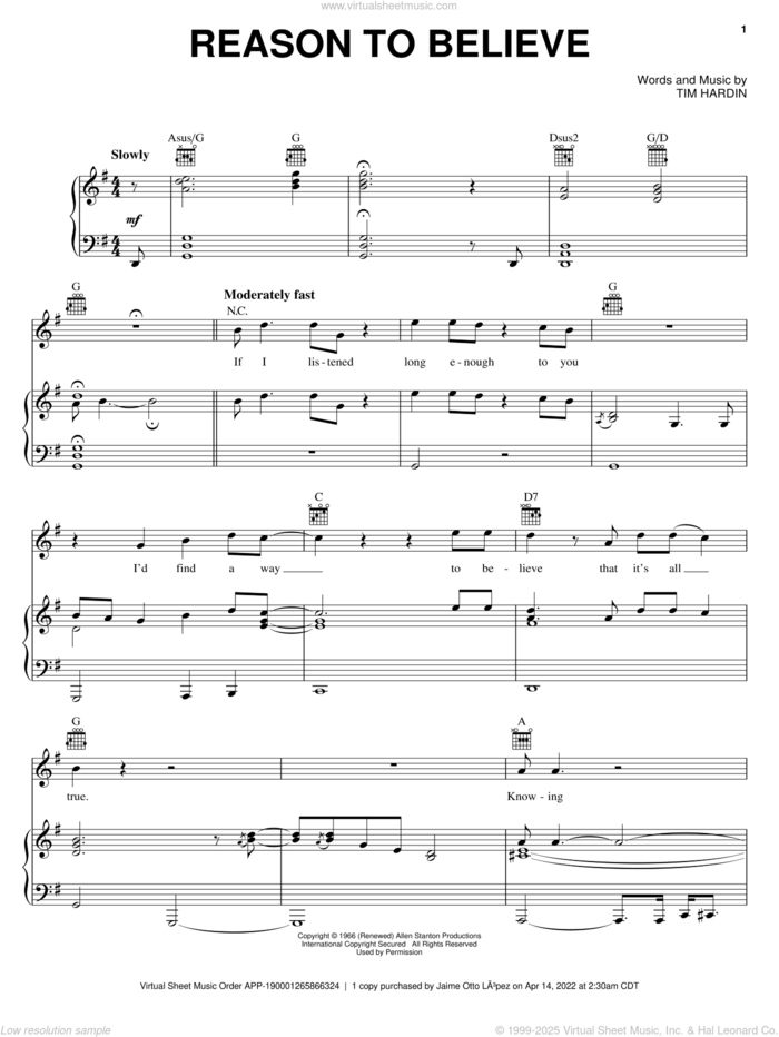 Reason To Believe sheet music for voice, piano or guitar by Rod Stewart, Glen Campbell and Tim Hardin, intermediate skill level