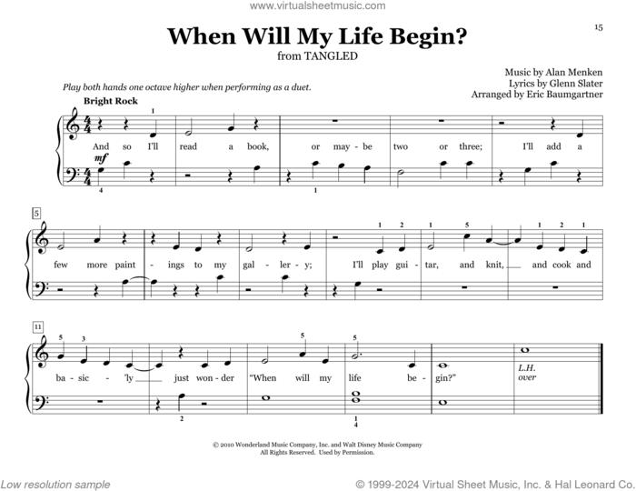 When Will My Life Begin? (from Tangled) (arr. Eric Baumgartner) sheet music for piano four hands by Mandy Moore, Eric Baumgartner, Alan Menken and Glenn Slater, intermediate skill level