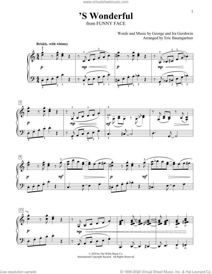 'S Wonderful (arr. Eric Baumgartner) sheet music for piano solo (elementary) by George Gershwin, Eric Baumgartner and Ira Gershwin, beginner piano (elementary)