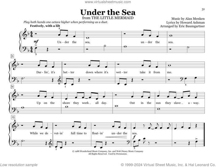 Under The Sea (from The Little Mermaid) (arr. Eric Baumgartner) sheet music for piano four hands by Alan Menken & Howard Ashman, Eric Baumgartner, Alan Menken and Howard Ashman, intermediate skill level
