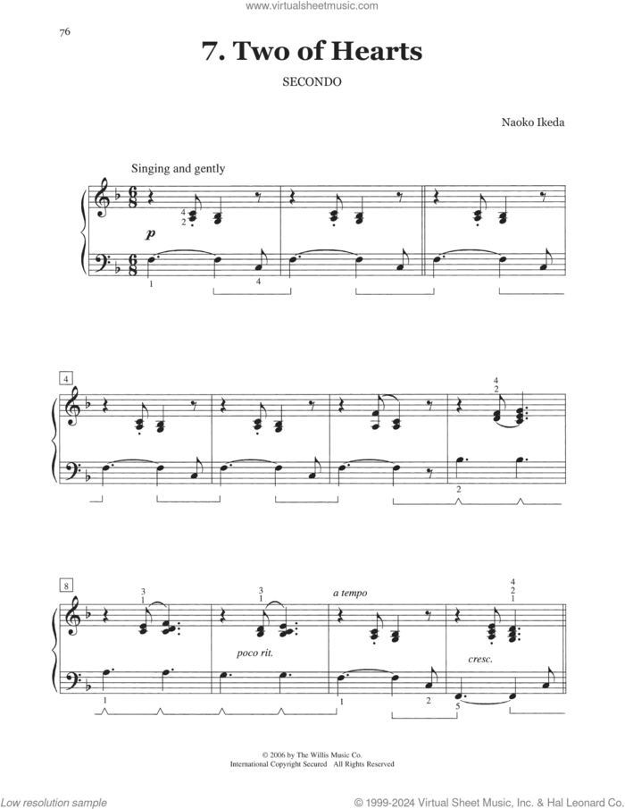 Two Of Hearts sheet music for piano four hands by Naoko Ikeda, intermediate skill level