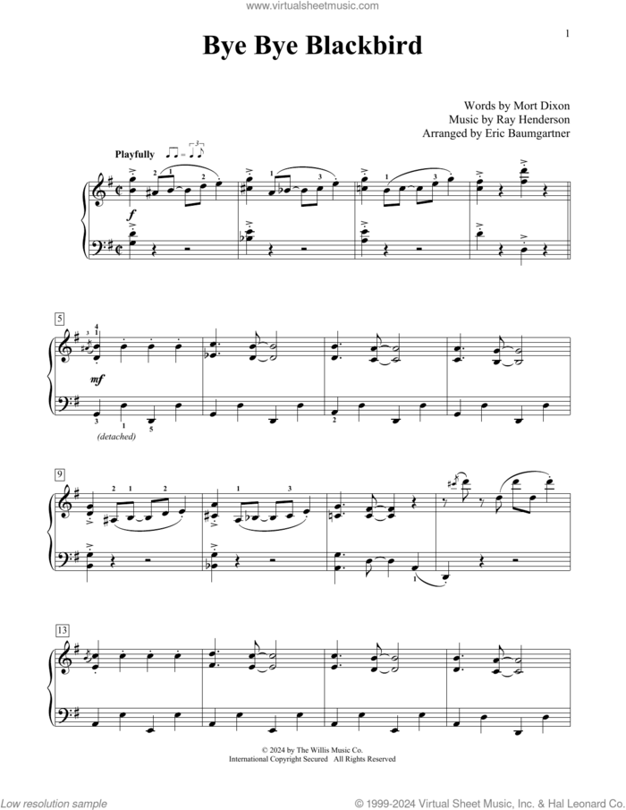 Bye Bye Blackbird (arr. Eric Baumgartner) sheet music for piano solo (elementary) by Ray Henderson, Eric Baumgartner and Mort Dixon, beginner piano (elementary)