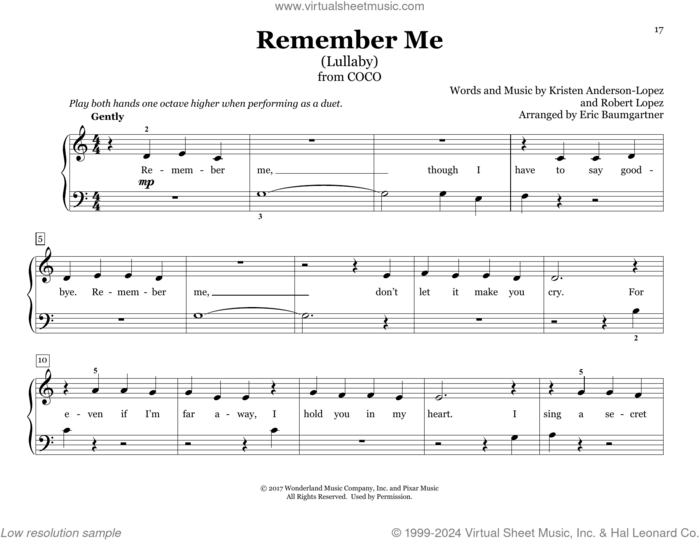 Remember Me (Lullaby) (from Coco) (arr. Eric Baumgartner) sheet music for piano four hands by Kristen Anderson-Lopez & Robert Lopez, Eric Baumgartner, Kristen Anderson-Lopez and Robert Lopez, intermediate skill level