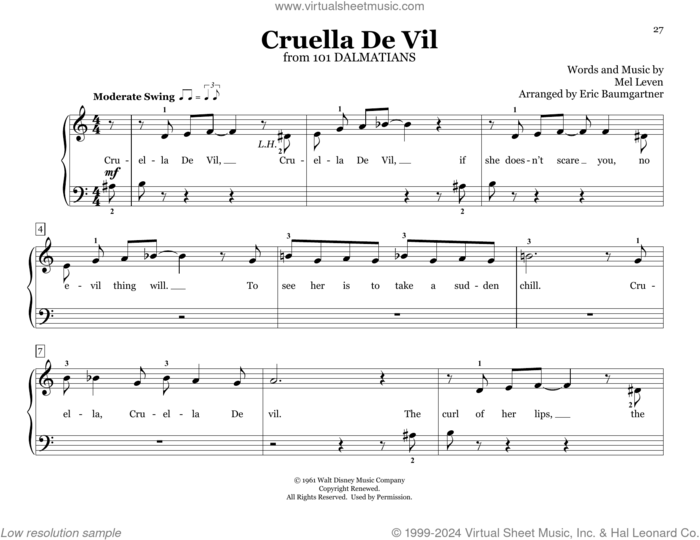 Cruella De Vil (from 101 Dalmations) (arr. Eric Baumgartner) sheet music for piano four hands by Mel Leven and Eric Baumgartner, intermediate skill level