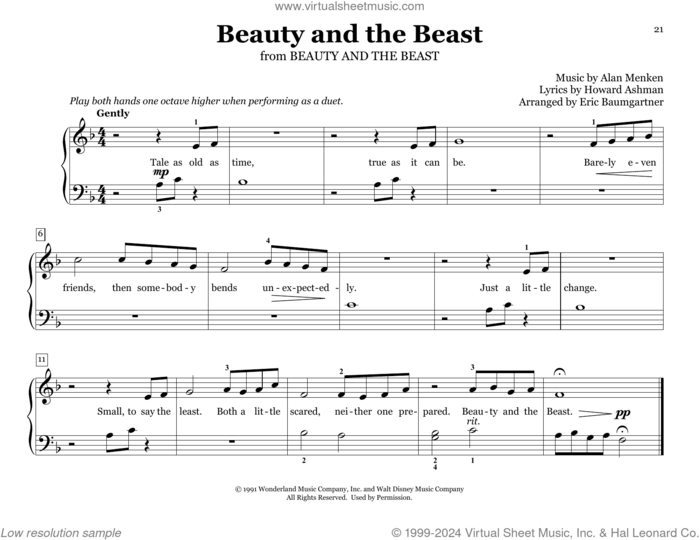 Beauty And The Beast (arr. Eric Baumgartner) sheet music for piano four hands by Celine Dion & Peabo Bryson, Eric Baumgartner, Alan Menken and Howard Ashman, wedding score, intermediate skill level