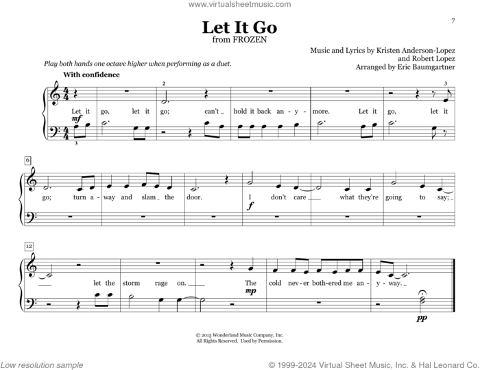 Let It Go (from Frozen) (arr. Eric Baumgartner) sheet music for piano four hands by Idina Menzel, Eric Baumgartner, Kristen Anderson-Lopez and Robert Lopez, intermediate skill level