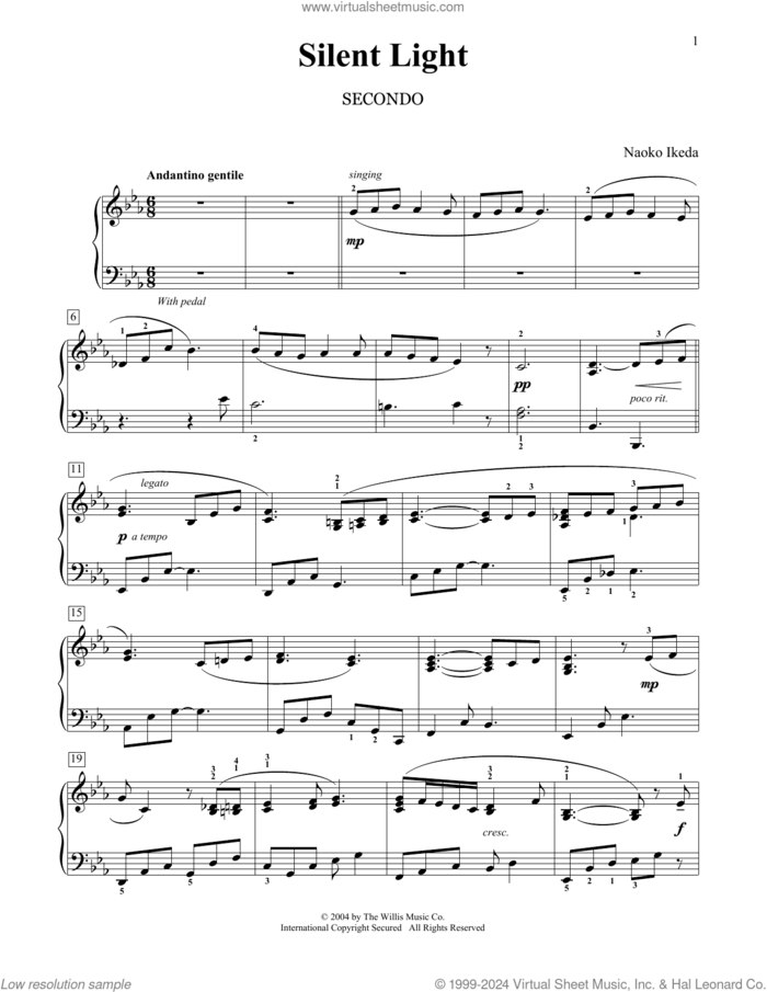 Silent Light sheet music for piano four hands by Naoko Ikeda, intermediate skill level