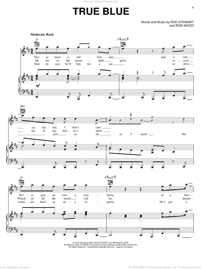 True Blue sheet music for voice, piano or guitar by Rod Stewart and Ron Wood, intermediate skill level
