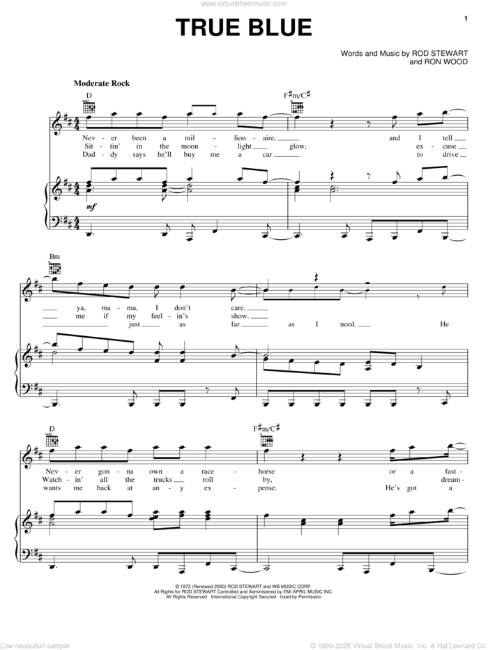 True Blue sheet music for voice, piano or guitar by Rod Stewart and Ron Wood, intermediate skill level