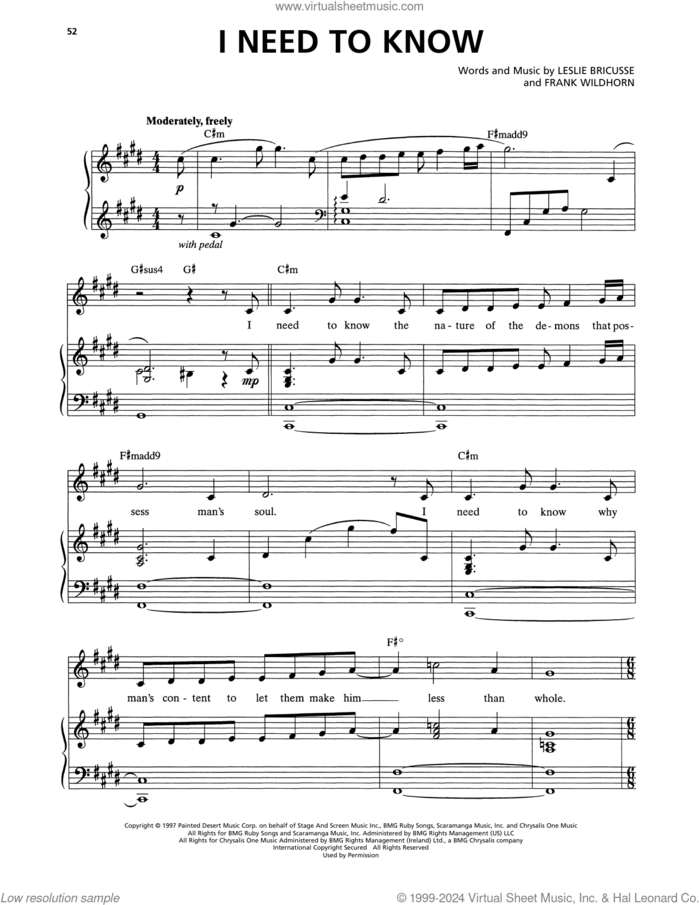 I Need To Know (from Jekyll and Hyde) (2013 Revival Version) sheet music for voice and piano by Frank Wildhorn & Leslie Bricusse, Frank Wildhorn and Leslie Bricusse, intermediate skill level