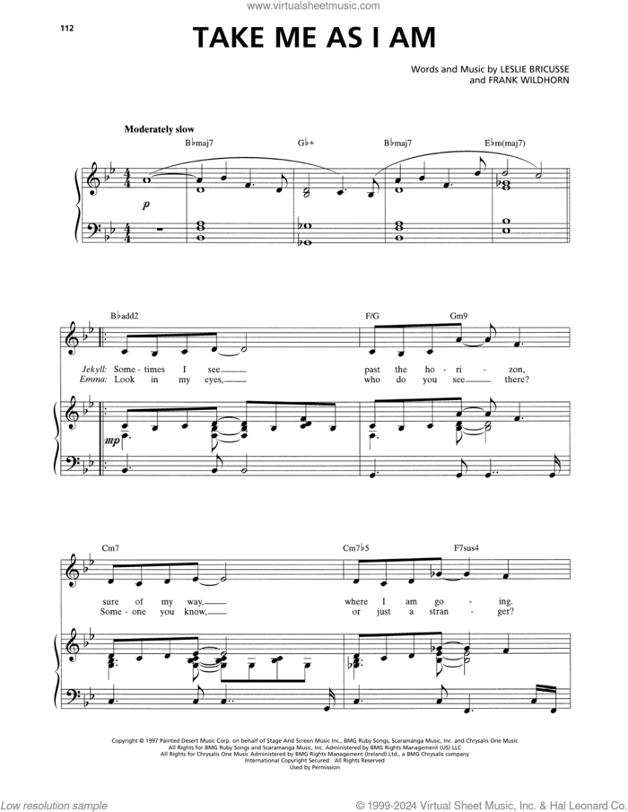 Take Me As I Am (from Jekyll and Hyde) (2013 Revival Version) sheet music for voice and piano by Frank Wildhorn & Leslie Bricusse, Frank Wildhorn and Leslie Bricusse, intermediate skill level