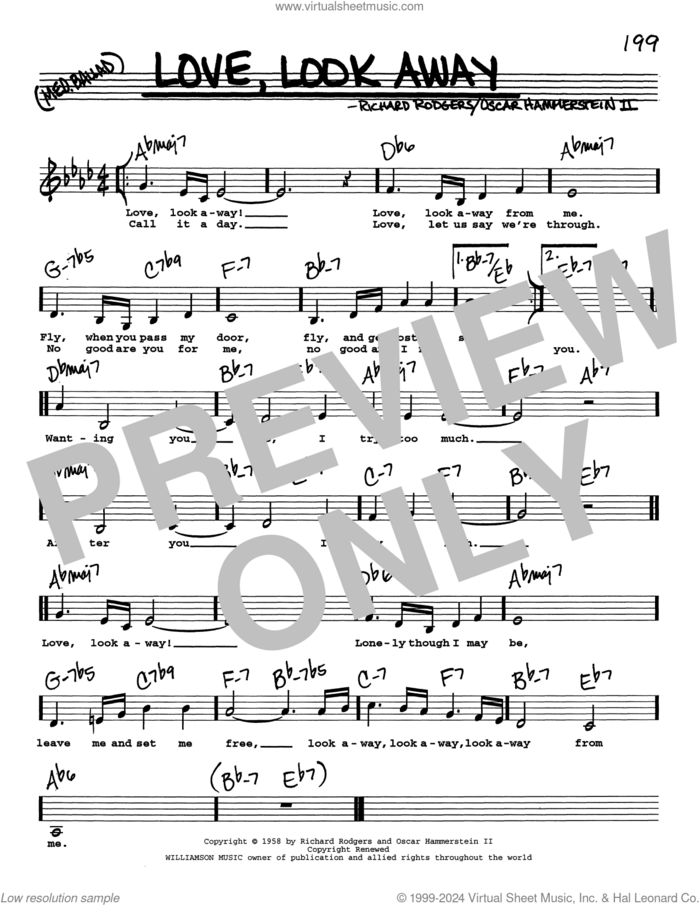 Love, Look Away (Low Voice) sheet music for voice and other instruments (real book with lyrics) by Richard Rodgers, Oscar II Hammerstein and Rodgers & Hammerstein, intermediate skill level