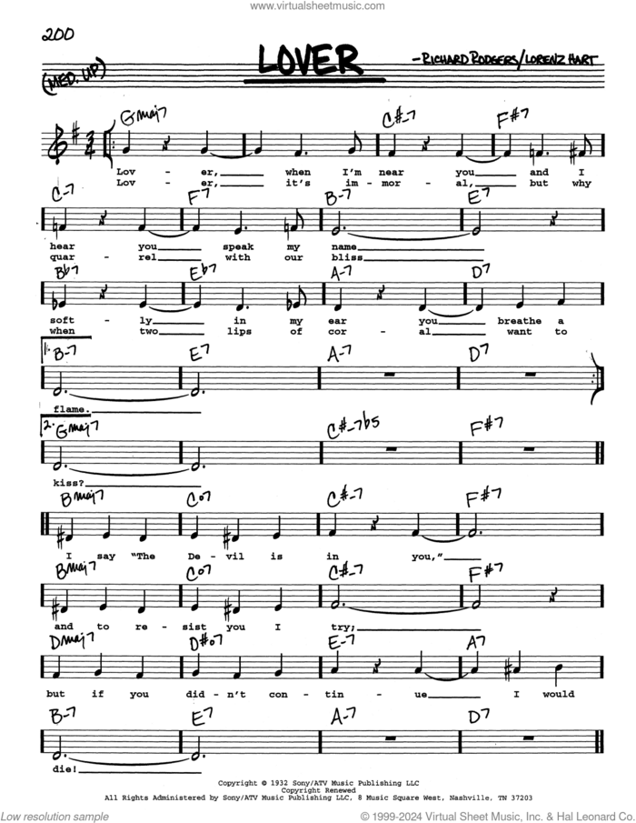 Lover (Low Voice) sheet music for voice and other instruments (real book with lyrics) by Richard Rodgers, Ella Fitzgerald, Peggy Lee, Lorenz Hart and Rodgers & Hart, intermediate skill level