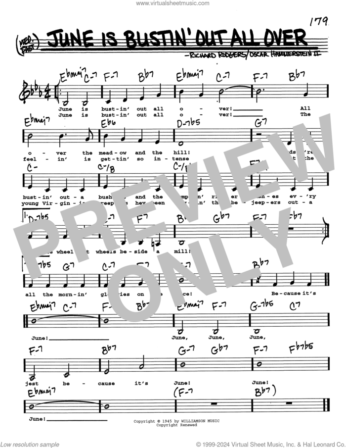 June Is Bustin' Out All Over (Low Voice) sheet music for voice and other instruments (real book with lyrics) by Richard Rodgers, Oscar II Hammerstein and Rodgers & Hammerstein, intermediate skill level