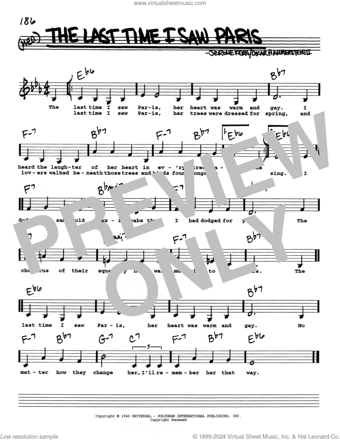 The Last Time I Saw Paris (Low Voice) sheet music for voice and other instruments (real book with lyrics) by Oscar II Hammerstein and Jerome Kern, intermediate skill level