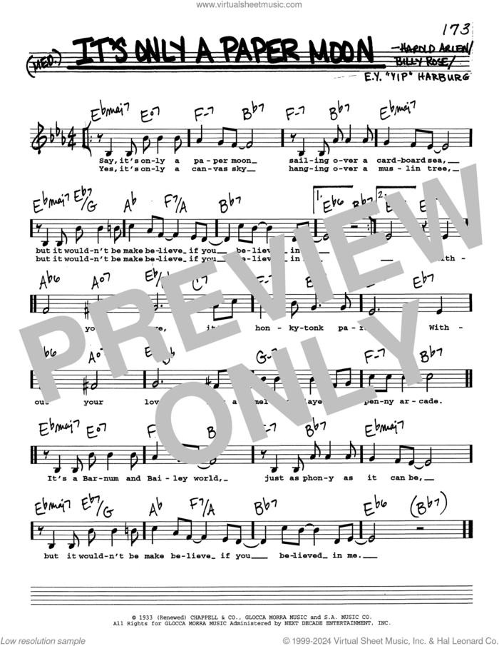 It's Only A Paper Moon (Low Voice) sheet music for voice and other instruments (real book with lyrics) by Harold Arlen, Billy Rose, Billy Rose, E.Y. 'Yip' Harburg and Harold Arlen and E.Y. Harburg, intermediate skill level