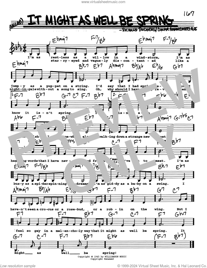 It Might As Well Be Spring (Low Voice) sheet music for voice and other instruments (real book with lyrics) by Richard Rodgers, Oscar II Hammerstein and Rodgers & Hammerstein, intermediate skill level