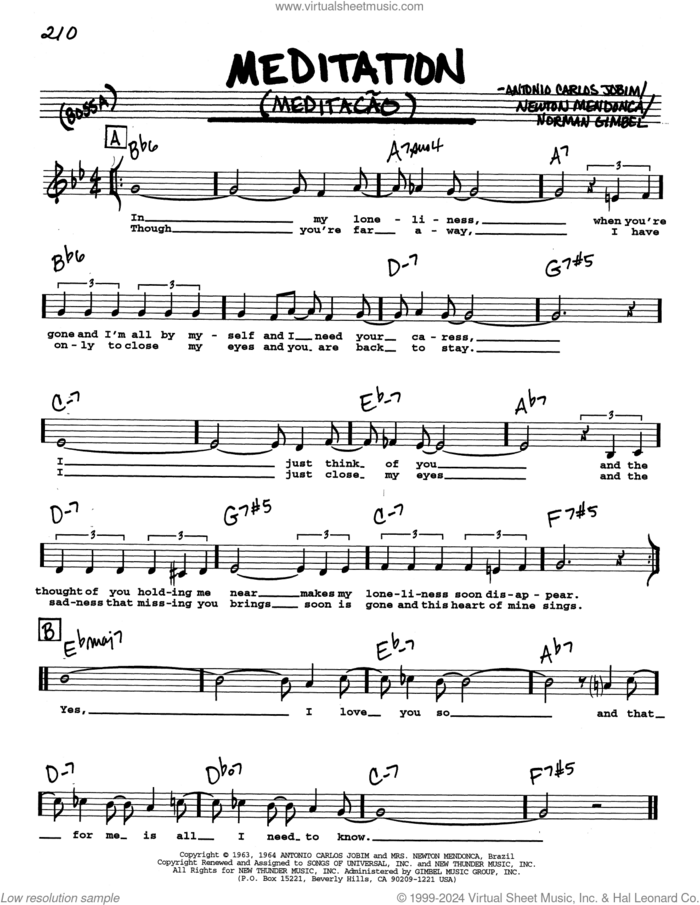 Meditation (Meditacao) (Low Voice) sheet music for voice and other instruments (real book with lyrics) by Norman Gimbel, Antonio Carlos Jobim and Newton Mendonca, intermediate skill level