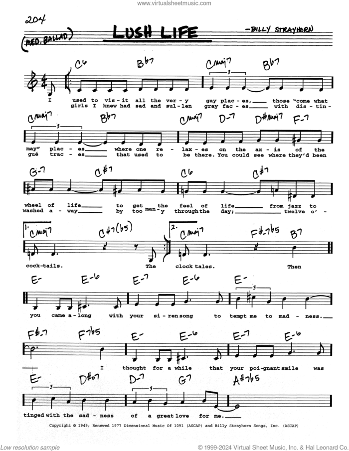 Lush Life (Low Voice) sheet music for voice and other instruments (real book with lyrics) by Billy Strayhorn, intermediate skill level