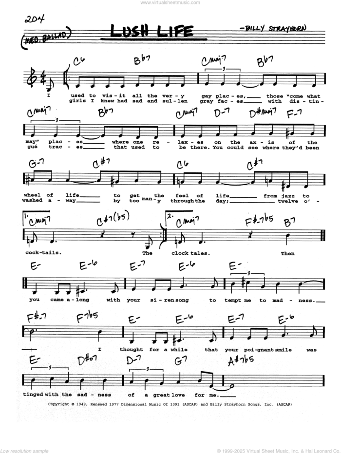 Lush Life (Low Voice) sheet music for voice and other instruments (real book with lyrics) by Billy Strayhorn, intermediate skill level