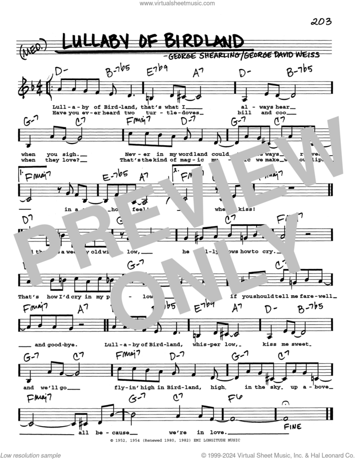 Lullaby Of Birdland (Low Voice) sheet music for voice and other instruments (real book with lyrics) by George David Weiss and George Shearing, intermediate skill level