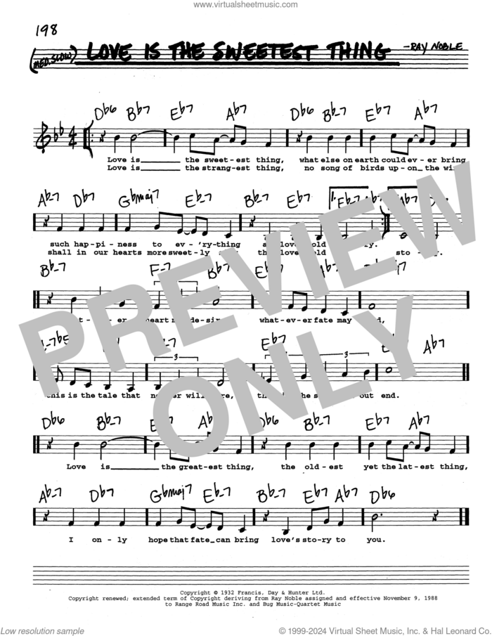 Love Is The Sweetest Thing (Low Voice) sheet music for voice and other instruments (real book with lyrics) by Ray Noble, intermediate skill level