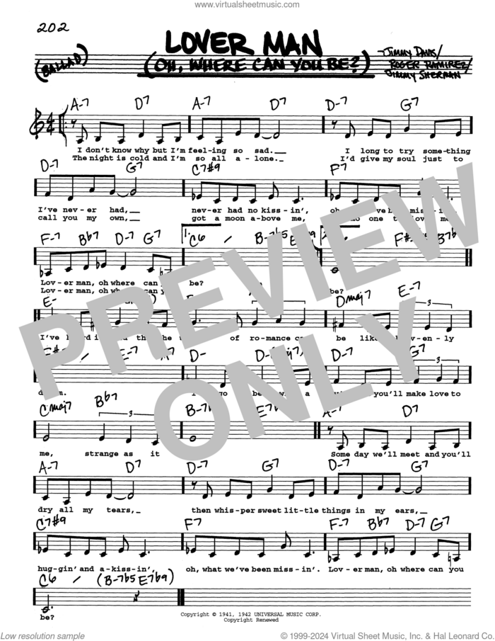 Lover Man (Oh, Where Can You Be?) (Low Voice) sheet music for voice and other instruments (real book with lyrics) by Billie Holiday, Jimmie Davis, Jimmy Sherman and Roger Ramirez, intermediate skill level